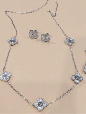 Silver Floral Station Necklace and Stud Earrings Set With Bracelet